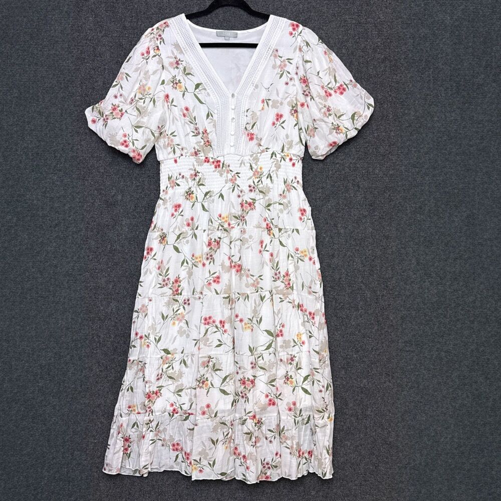 J Gee Maxi Dress Floral White XL Puff Sleeve Smocked Waist Prairie Cottagecore
